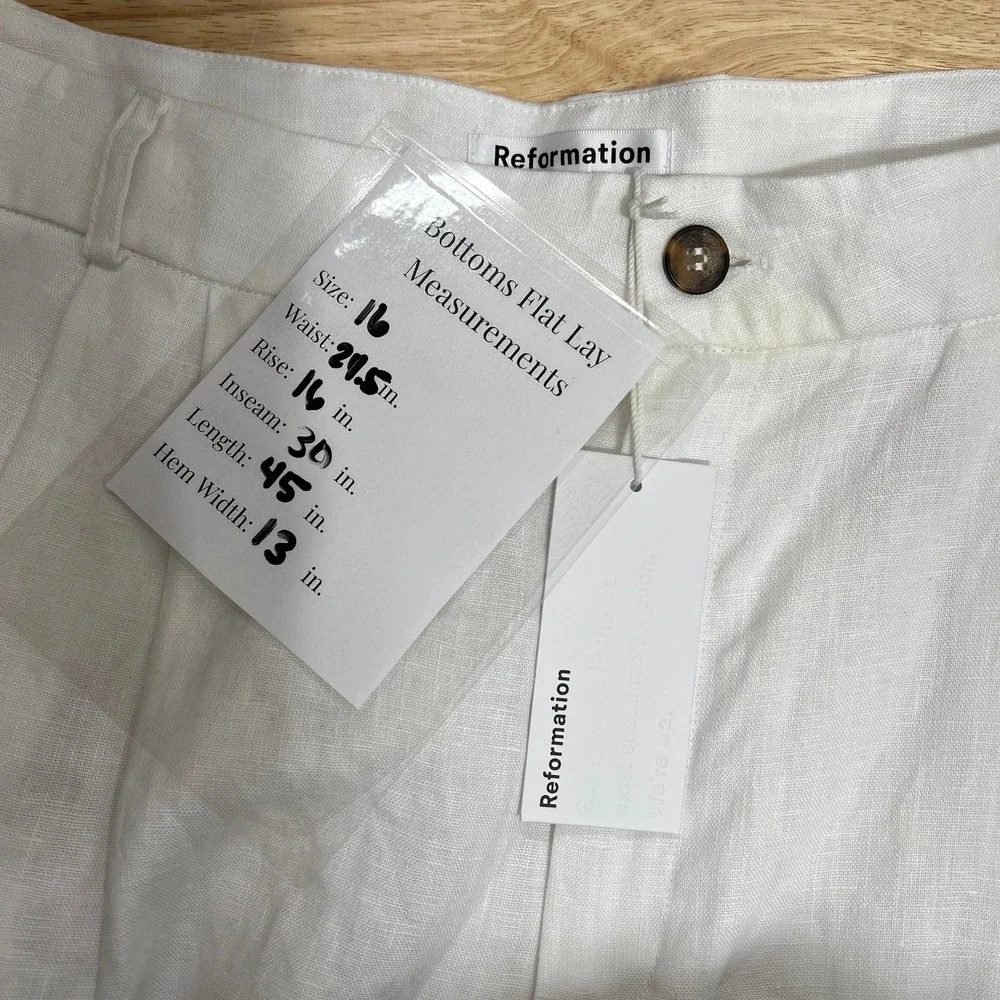 NWT Reformation Mason Linen Pants Pleated Wide Leg Linen Pants Women's‎ 16 White